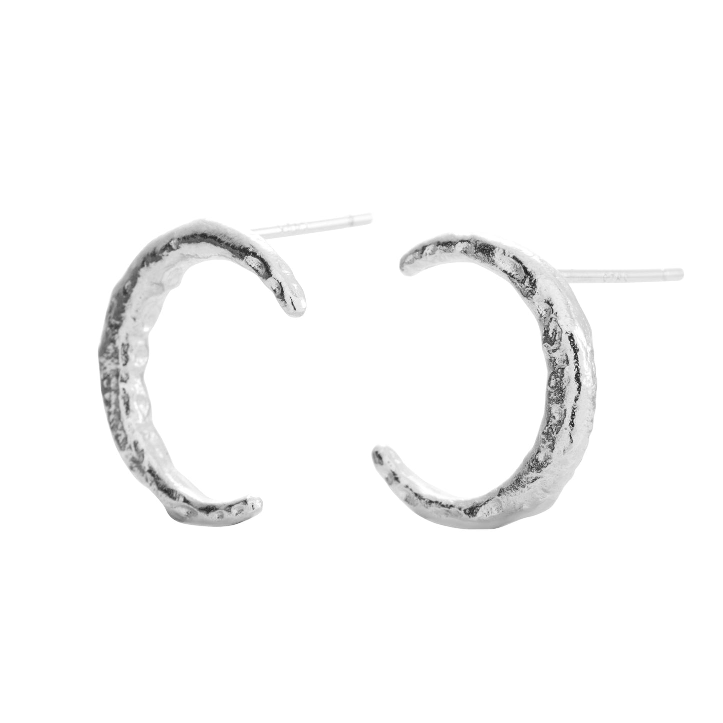 luna silver earrings, silver stud earrings, 925 silver earrings, rhodium plated, moon shape, hypoallergenic, close-up