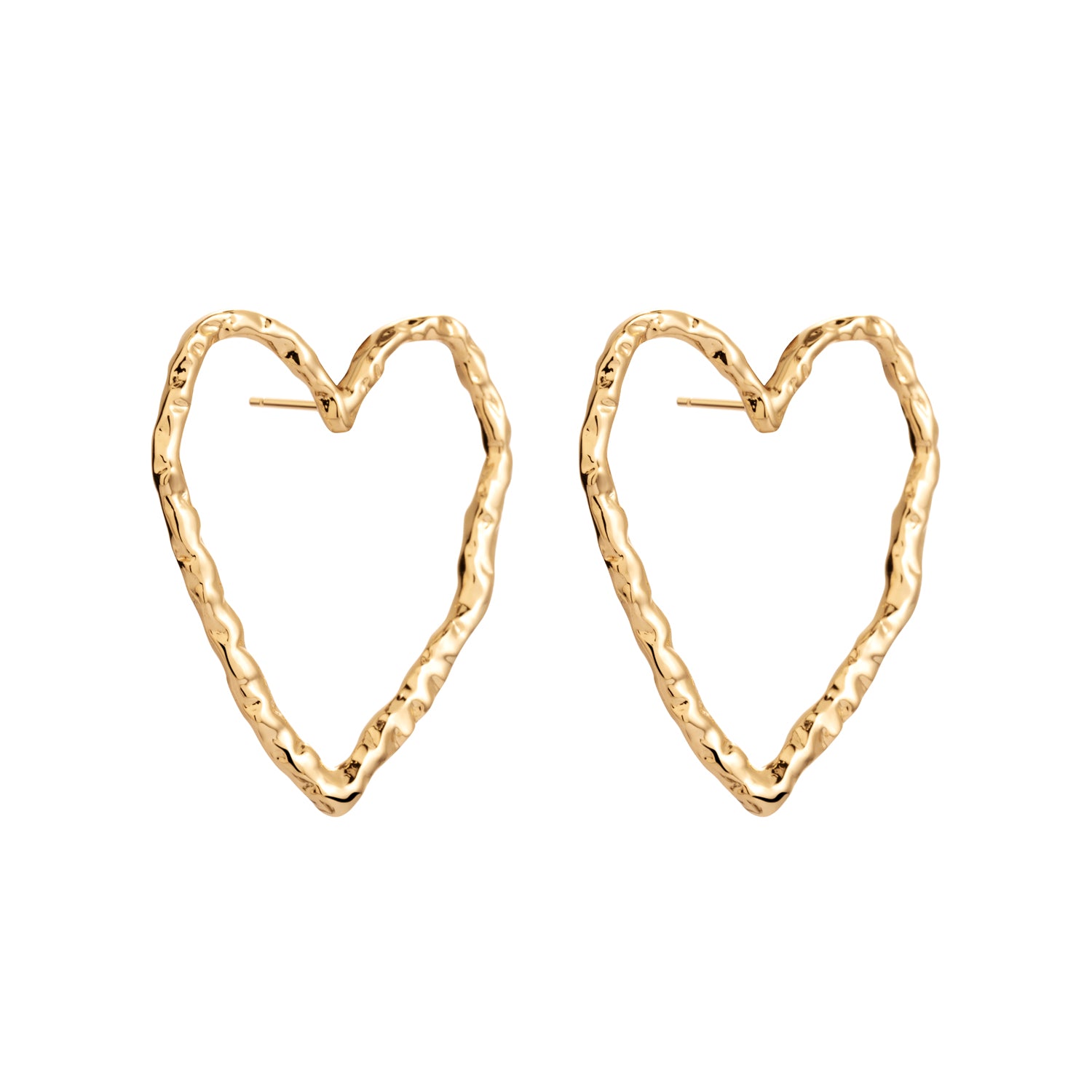 eros gold earring, golden stud earring, 925 silver earring, 18k gold plated, heart shaped, hypoallergenic, close-up
