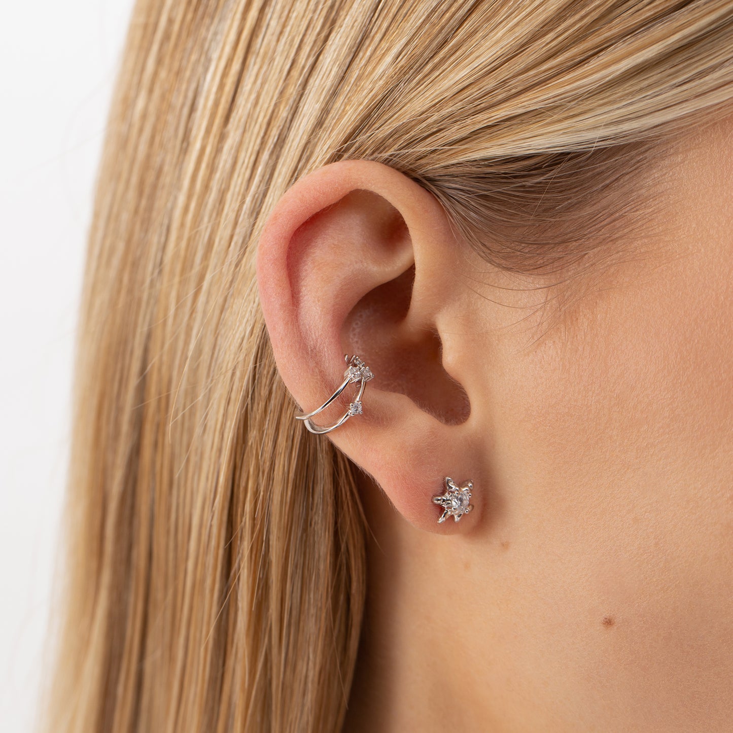 elysium ear cuff, silver ear cuff, 925 silver earrings, rhodium plated,  cubic zirconia, hypoallergenic, single, close-up